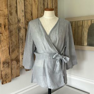 FLAX Gray Linen Wrap Front Tie 3/4 Sleeve Top Lightweight Lagenlook Size Medium